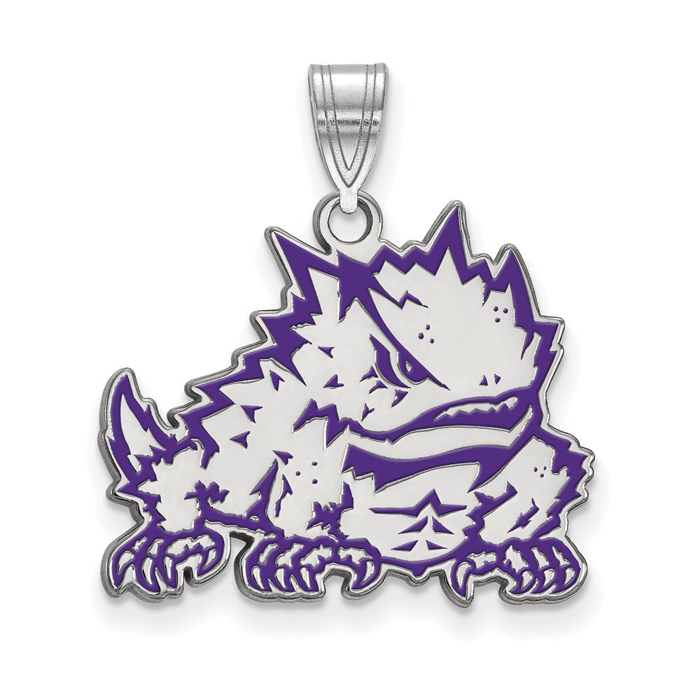 Sterlingsilber Rhodiniert Logoart Texas Christlich University Gehörnt Frosch Groß Emailliert Anhänger