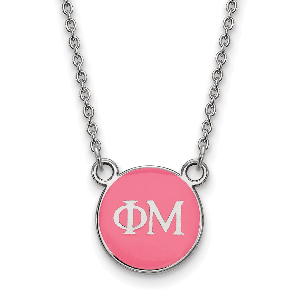 Sterlingsilber Rhodiniert Logoart Phi Mu Sorority Greek Buchstaben Extra Klein Farbe Emaille Anhänger 18 Zoll Halskette