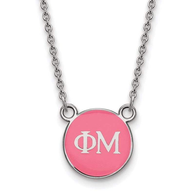 Sterlingsilber Rhodiniert Logoart Phi Mu Sorority Greek Buchstaben Extra Klein Farbe Emaille Anhänger 18 Zoll Halskette