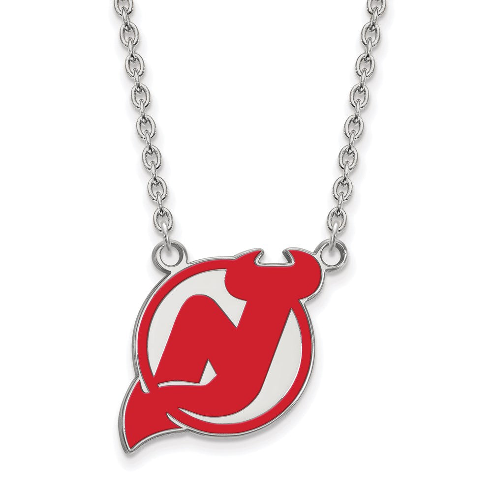 Sterlingsilber Rhodiniert Nhl Logoart New Trikot Devils Groß Emailliert Anhänger 18 Zoll Halskette