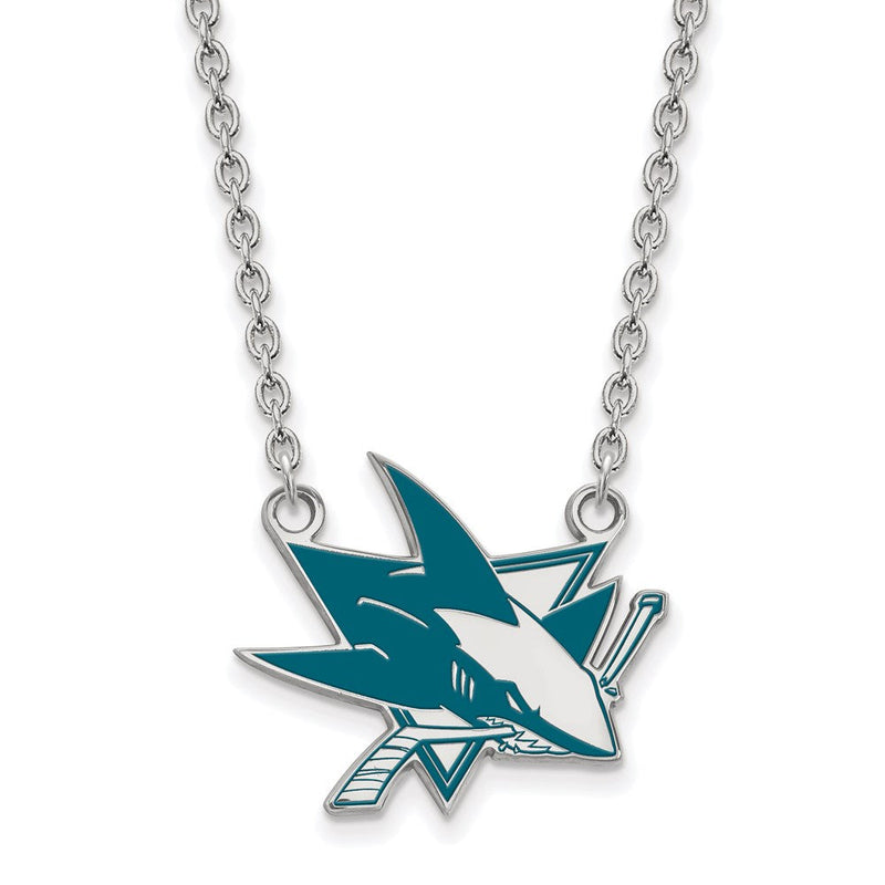 Sterlingsilber Rhodiniert Nhl Logoart San Jose Sharks Groß Emailliert Anhänger 18 Zoll Halskette
