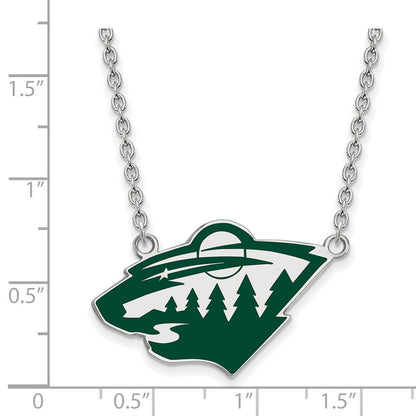 Sterlingsilber Rhodiniert Nhl Logoart Minnesota Wild Groß Emailliert Anhänger 18 Zoll Halskette