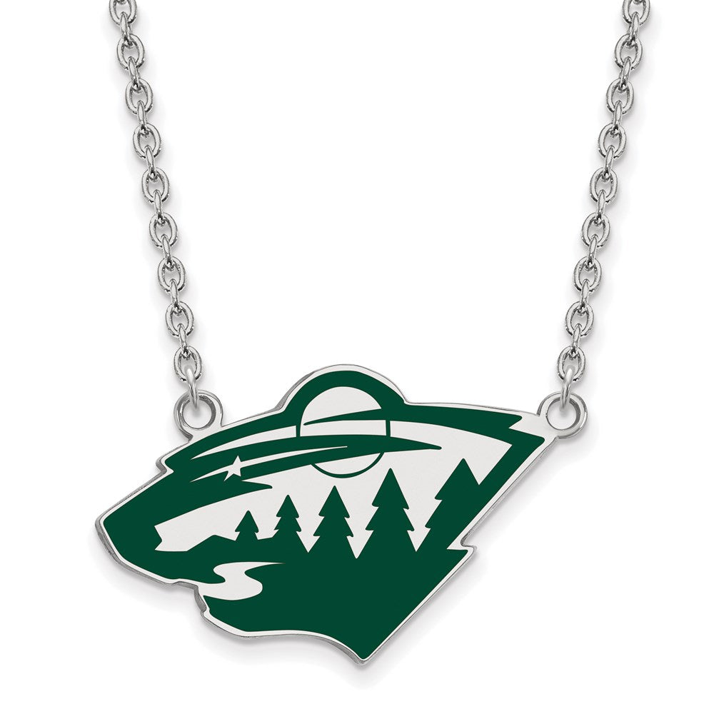 Sterlingsilber Rhodiniert Nhl Logoart Minnesota Wild Groß Emailliert Anhänger 18 Zoll Halskette