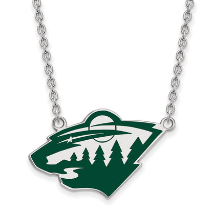 Sterlingsilber Rhodiniert Nhl Logoart Minnesota Wild Groß Emailliert Anhänger 18 Zoll Halskette
