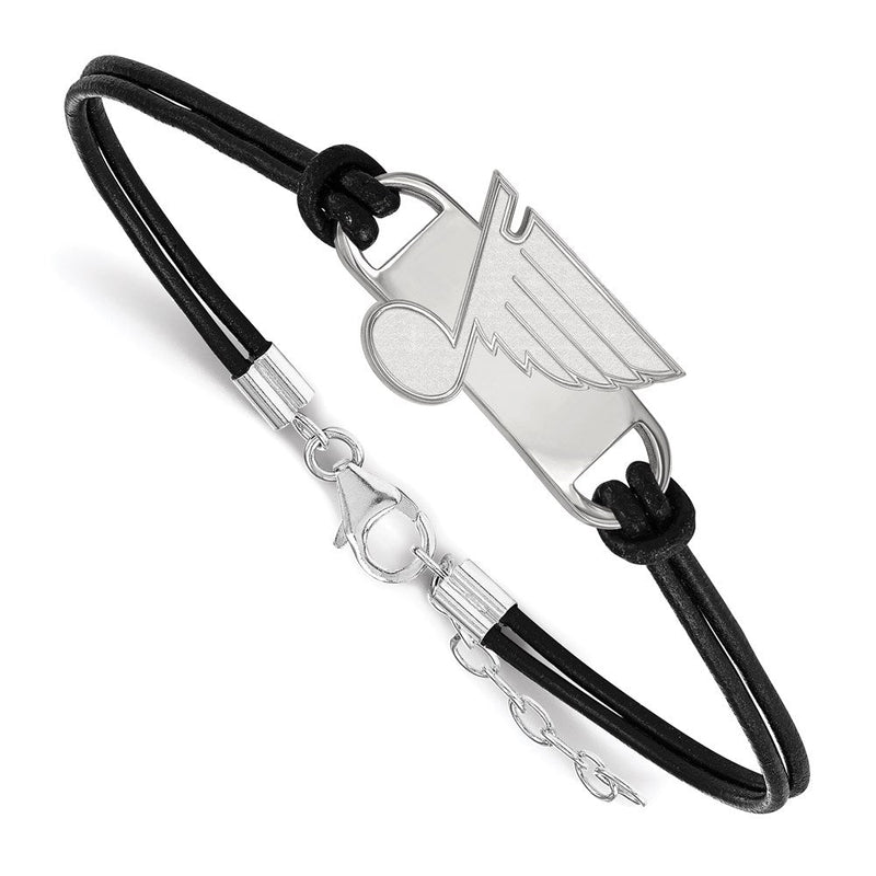 Sterlingsilber Rhodiniert Nhl Logoart St. Louis Blues Klein Mittig Schwarz Leder 7 Zoll Armband mit Verlängerung