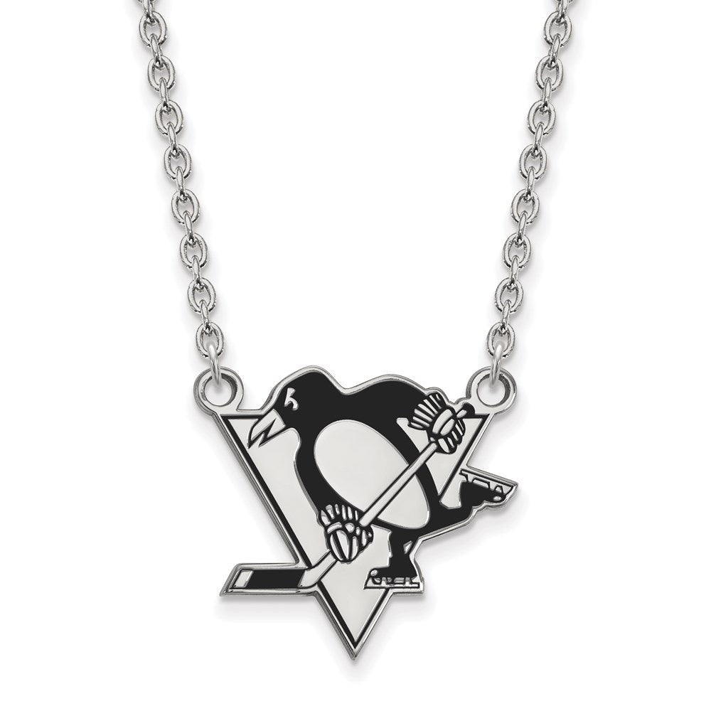 Sterlingsilber Rhodiniert Nhl Logoart Pittsburgh Penguins Groß Emailliert Anhänger 18 Zoll Halskette