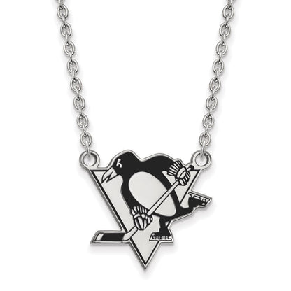 Sterlingsilber Rhodiniert Nhl Logoart Pittsburgh Penguins Groß Emailliert Anhänger 18 Zoll Halskette