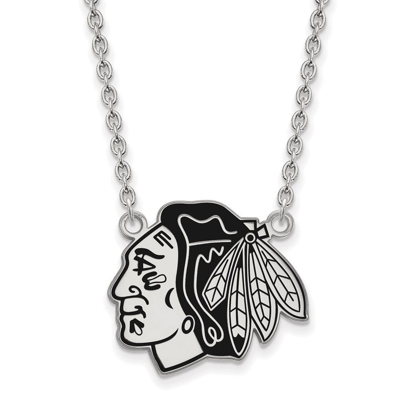 Sterlingsilber Rhodiniert Nhl Logoart Chicago Blackhawks Groß Emailliert Anhänger 18 Zoll Halskette