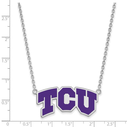 Sterlingsilber Rhodiniert Logoart Texas Christlich University T C U Groß Emailliert Anhänger 18 Zoll Halskette