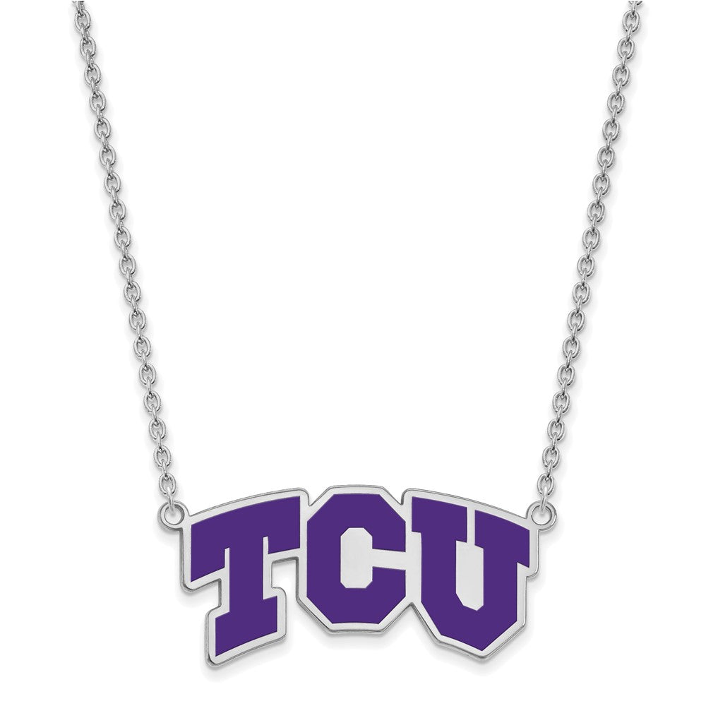 Sterlingsilber Rhodiniert Logoart Texas Christlich University T C U Groß Emailliert Anhänger 18 Zoll Halskette