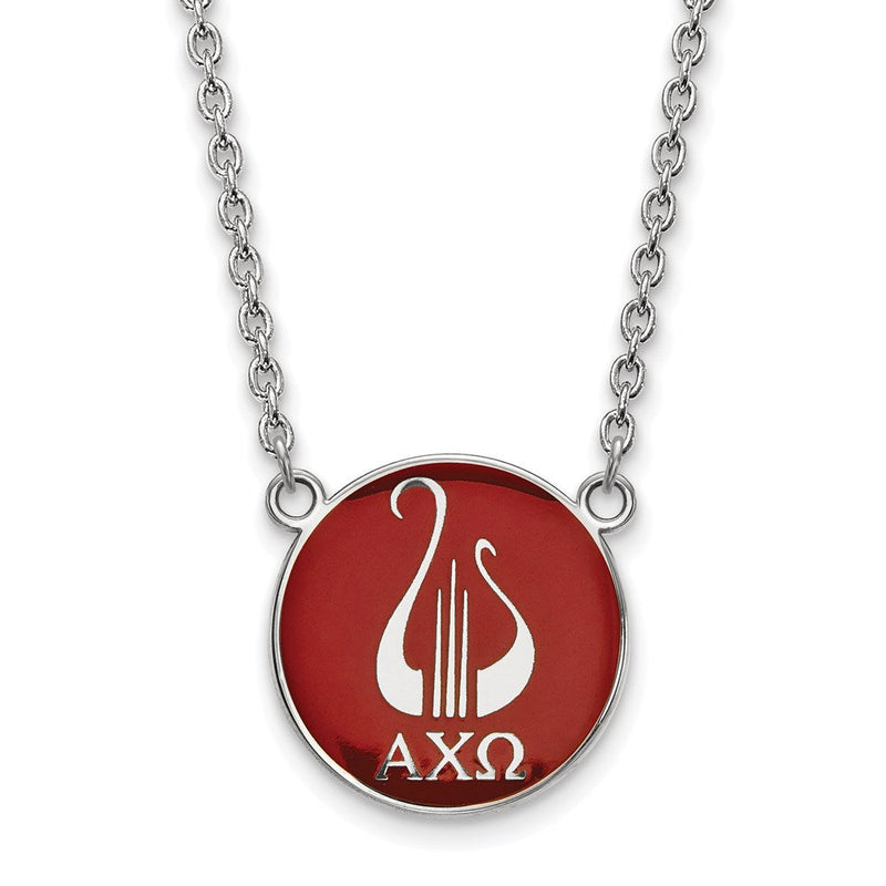 Sterlingsilber Rhodiniert Logoart Alpha Chi Omega Sorority Symbol Groß Farbe Emaille Anhänger 18 Zoll Halskette