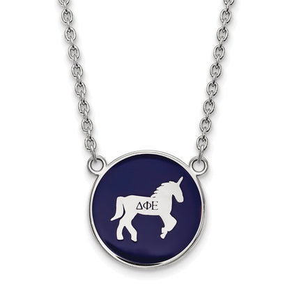 Sterlingsilber Rhodiniert Logoart Delta Phi Epsilon Sorority Symbol Groß Farbe Emaille Anhänger 18 Zoll Halskette