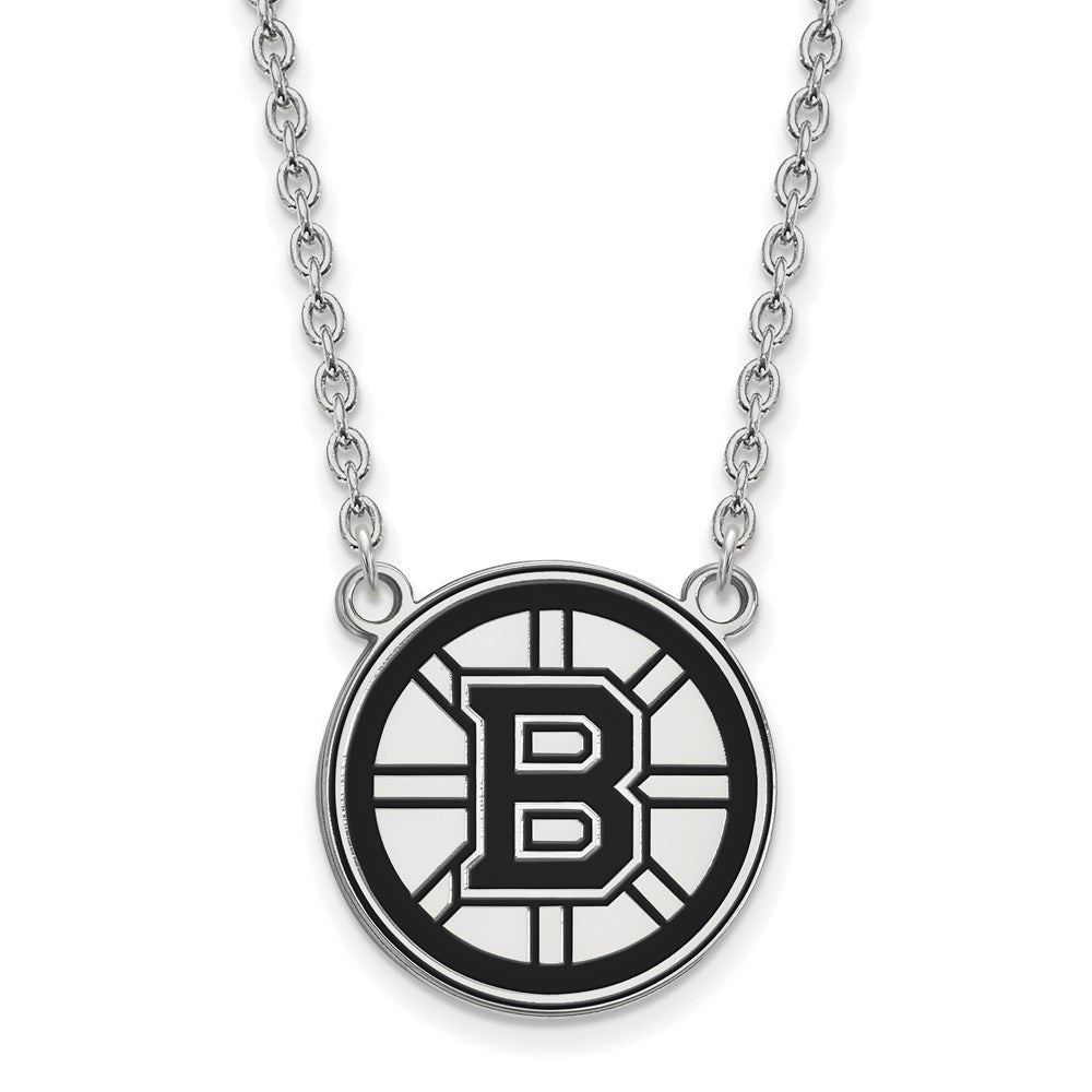 Sterlingsilber Rhodiniert Nhl Logoart Boston Bruins Groß Emailliert Anhänger 18 Zoll Halskette