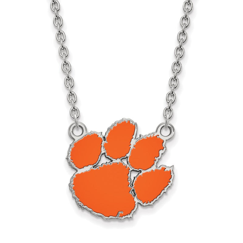 Sterlingsilber Rhodiniert Logoart Clemson University Tiger Paw Groß Emailliert Anhänger 18 Zoll Halskette