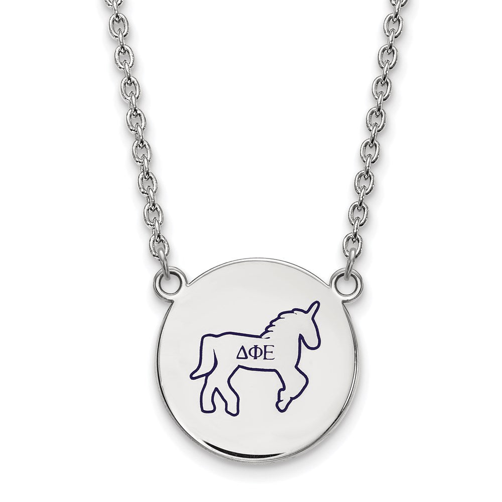 Sterlingsilber Rhodiniert Logoart Delta Phi Epsilon Sorority Symbol Groß Farbe Emaille Anhänger 18 Zoll Halskette