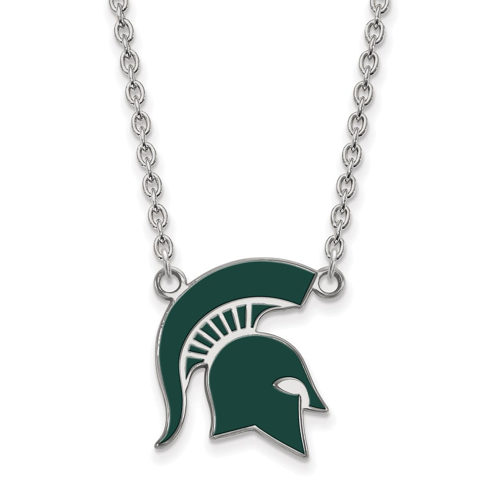 Sterlingsilber Rhodiniert Logoart Michigan State University Spartan Groß Emailliert Anhänger 18 Zoll Halskette