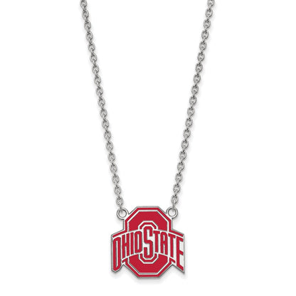 Sterlingsilber Rhodiniert Logoart The Ohio State University Groß Emailliert Anhänger 18 Zoll Halskette