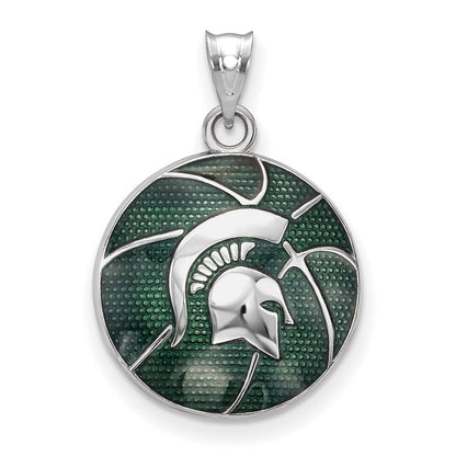 Sterlingsilber Rhodiniert Logoart Michigan State University Spartan Emailliert Basketball Anhänger
