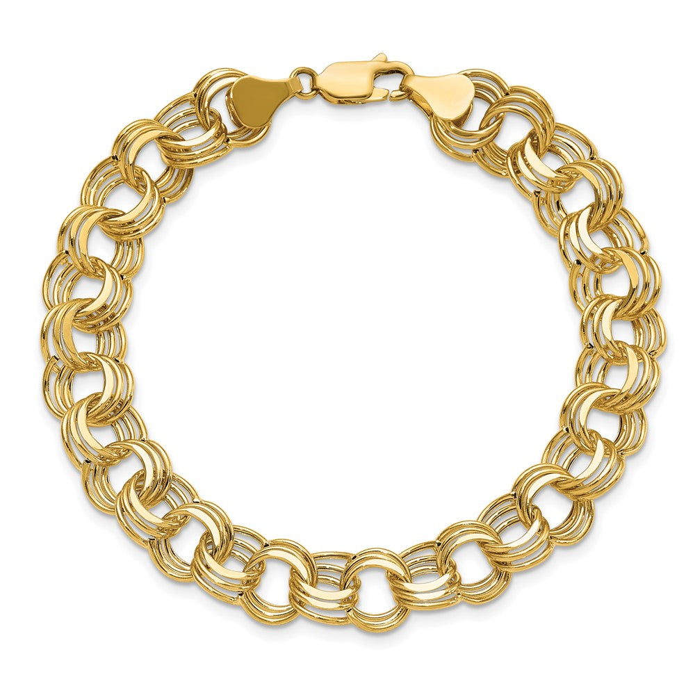 14K Gelbgold 9.5mm Hohl Dreifach Glieder 7.25 Zoll Charm Armband