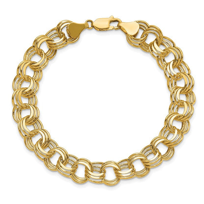 14K Gelbgold 9.5mm Hohl Dreifach Glieder 7.25 Zoll Charm Armband