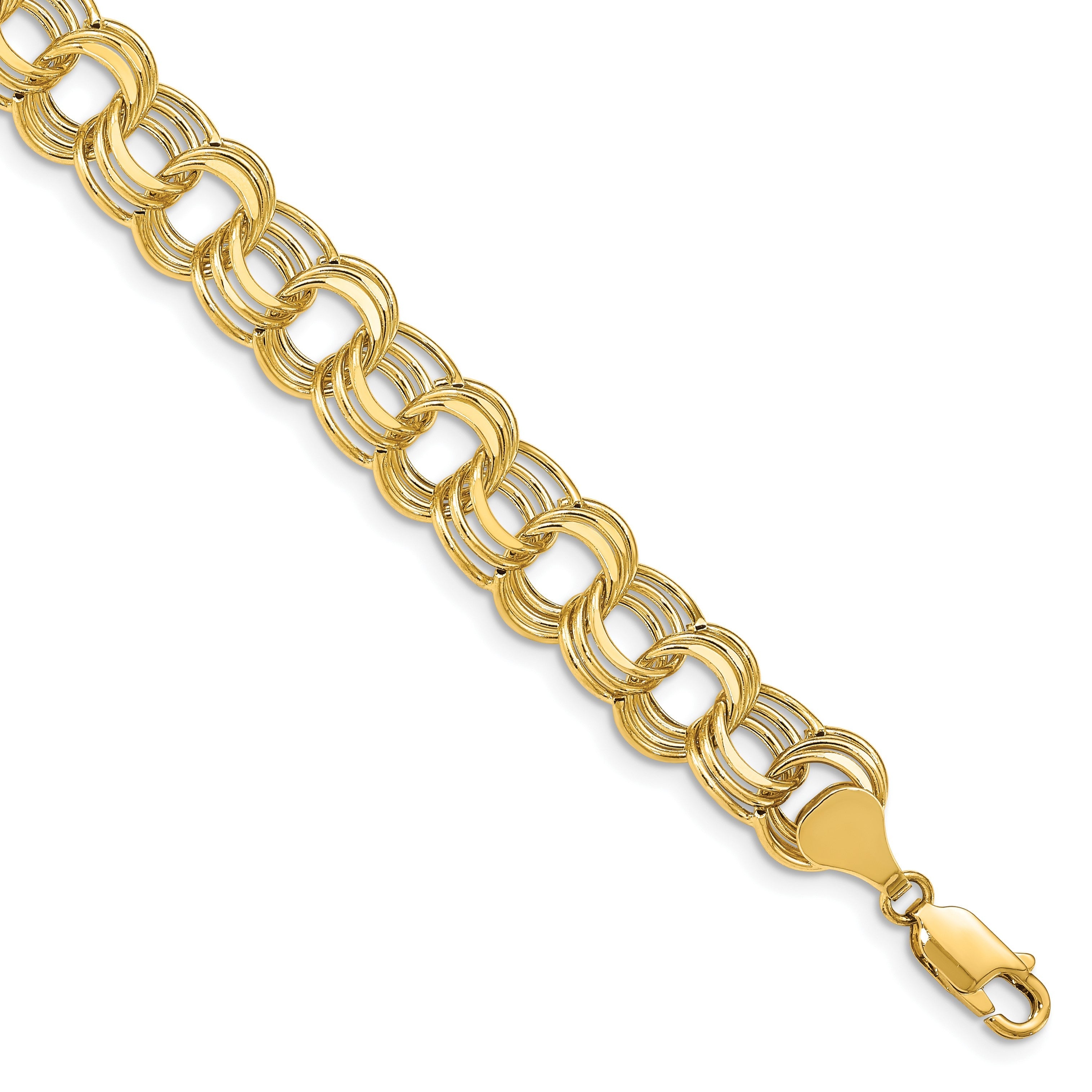 14K Gelbgold 9.5mm Hohl Dreifach Glieder 7.25 Zoll Charm Armband