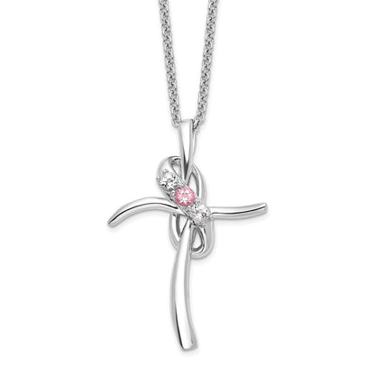 10K Weißgold Survivor Kollektion Rhodiniert 16 Zoll und Rosa Swarovski Topas Gnade Kreuz Halskette mit 2 Verlängerung