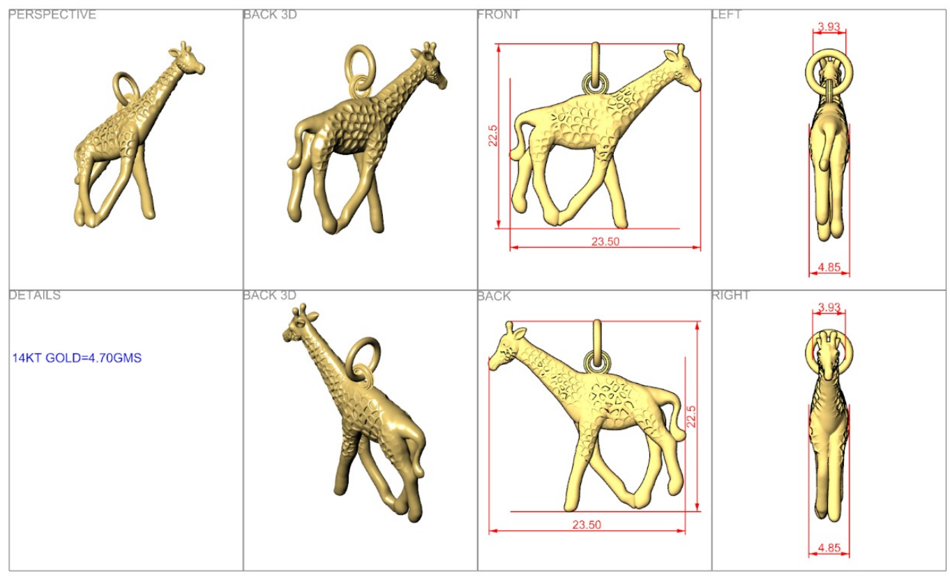Larger Version 14K Gelbgold Massiv Poliert 3-d Giraffe Charm