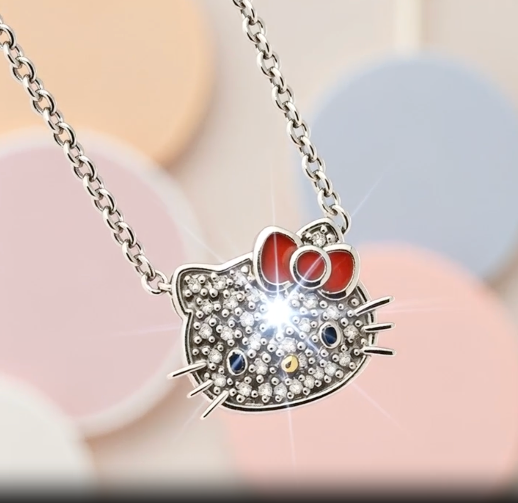 925 Sterling Silber Hello-Kitty-Kollektion Natürlicher Diamant Rote Emaille Anhänger-Halskette 16+2 Zoll