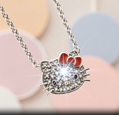 925 Sterling Silber Hello-Kitty-Kollektion Natürlicher Diamant Rote Emaille Anhänger-Halskette 16+2 Zoll