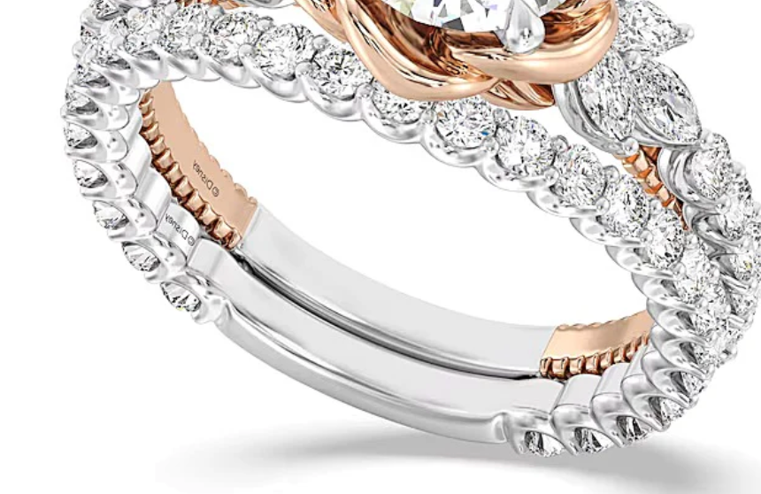 Solitär mit seitlichem Besatz für Damen mit Labordiamanten in rund und Marquise, weiß, aus 14K Two-Tone Gold