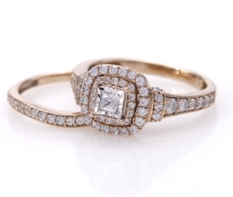Braut-Set mit Doppelrahmen im Vintage-Stil, 1 ct. Gesamtgewicht Diamanten im Princess-Schliff, aus 14K Roségold