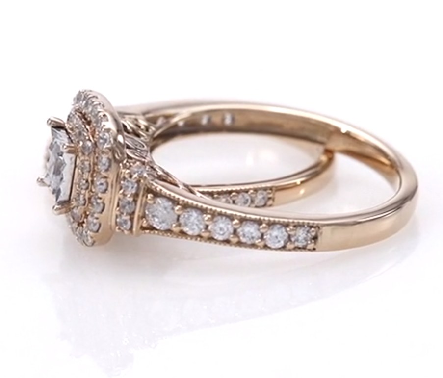 Braut-Set mit Doppelrahmen im Vintage-Stil, 1 ct. Gesamtgewicht Diamanten im Princess-Schliff, aus 14K Roségold