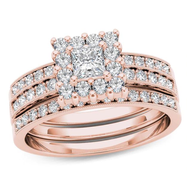 0,875 ct. Diamant-Brautset mit Princess-Rahmen, dreiteilig, Verlobungsring, in 14K Roségold