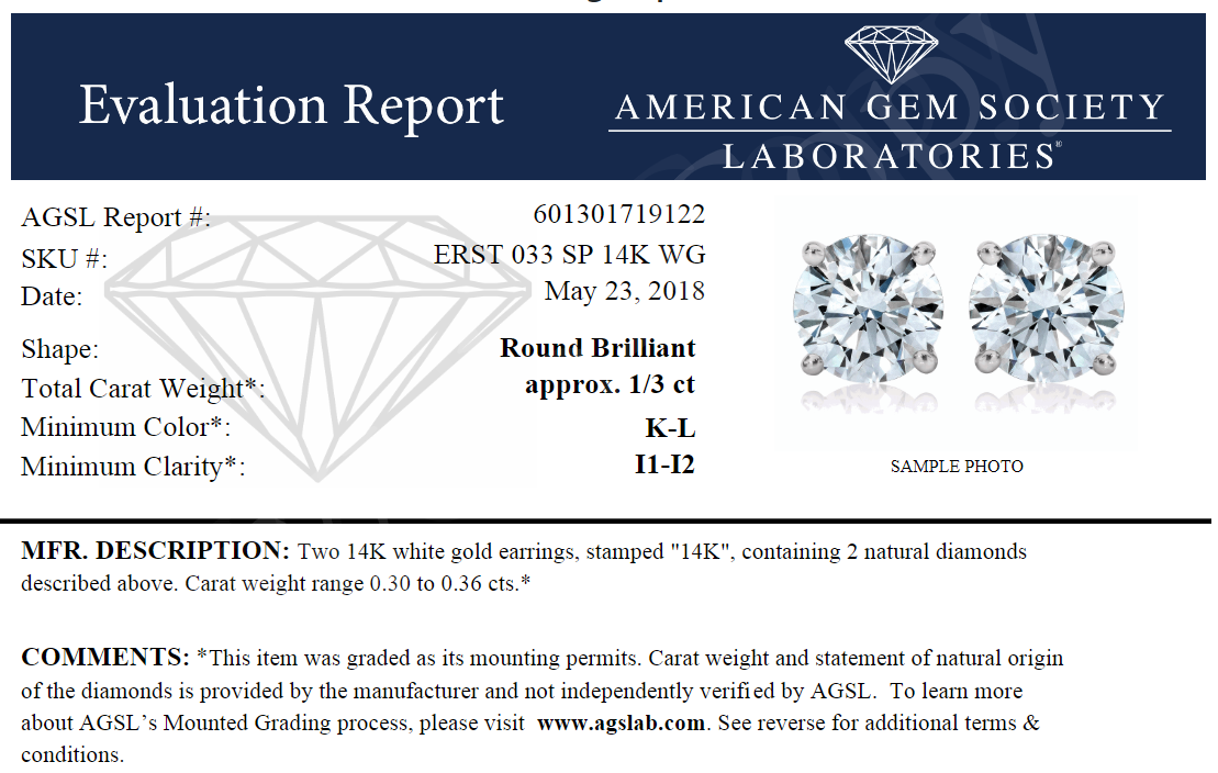 1/3 Karat Gesamtgewicht Ags Zertifiziert Rund Diamant Solitär Ohrstecker in 14K Weißgold (k/l Farbe - I1/i2 Clarity)