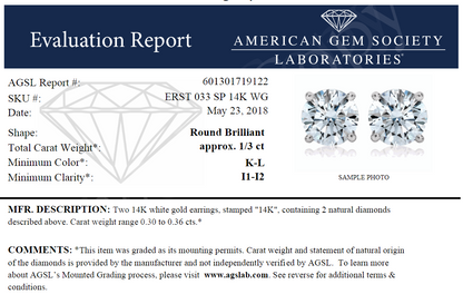 1/3 Karat Gesamtgewicht Ags Zertifiziert Rund Diamant Solitär Ohrstecker in 14K Weißgold (k/l Farbe - I1/i2 Clarity)