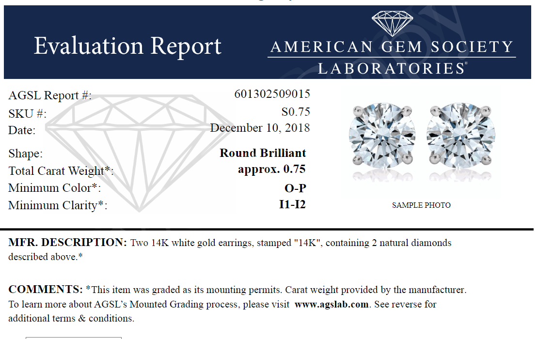 3/4 Karat Gesamtgewicht Ags Zertifiziert Rund Diamant Solitär Ohrstecker in 14K Weißgold