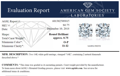 3/4 Karat Gesamtgewicht Ags Zertifiziert Rund Diamant Solitär Ohrstecker in 14K Weißgold