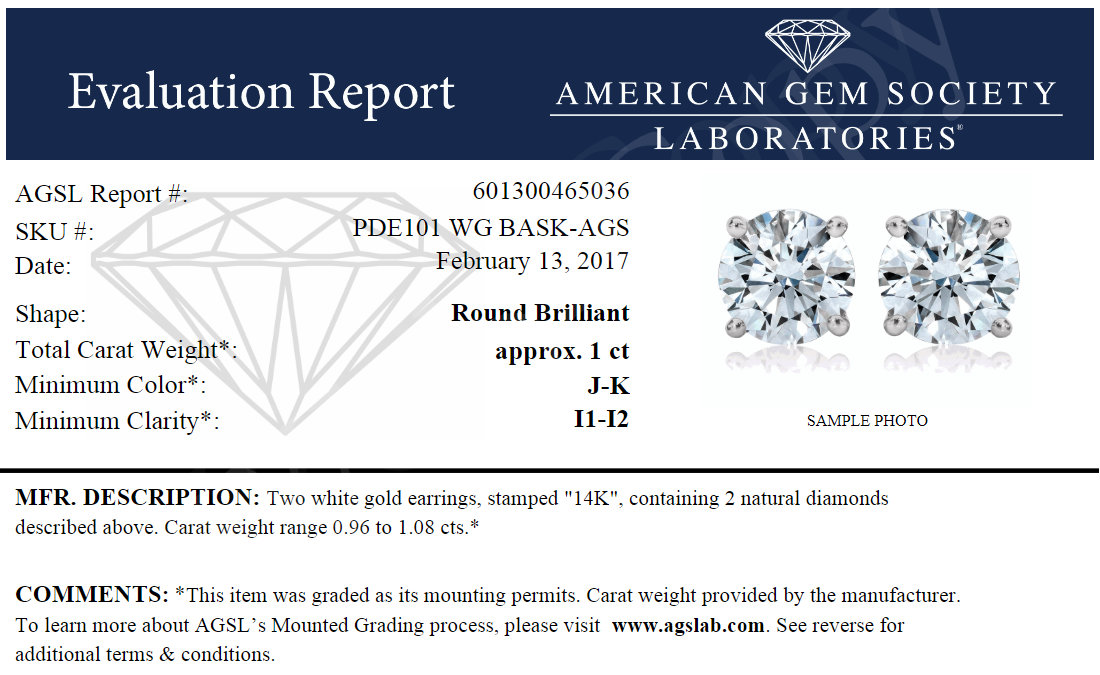 1.0 Karat Gesamtgewicht Ags Zertifiziert Rund Diamant Solitär Ohrstecker in 14K Weißgold