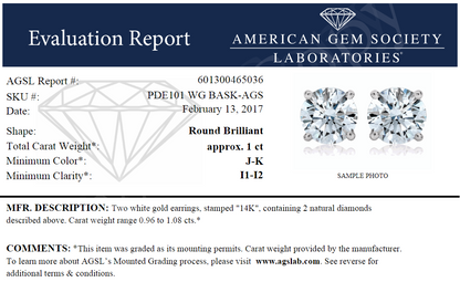 1.0 Karat Gesamtgewicht Ags Zertifiziert Rund Diamant Solitär Ohrstecker in 14K Weißgold