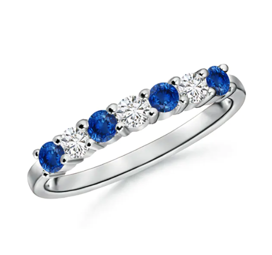 Halb-Memoire-Ring mit blauem Saphir und 0,25 ct. Diamanten aus 14K Weißgold