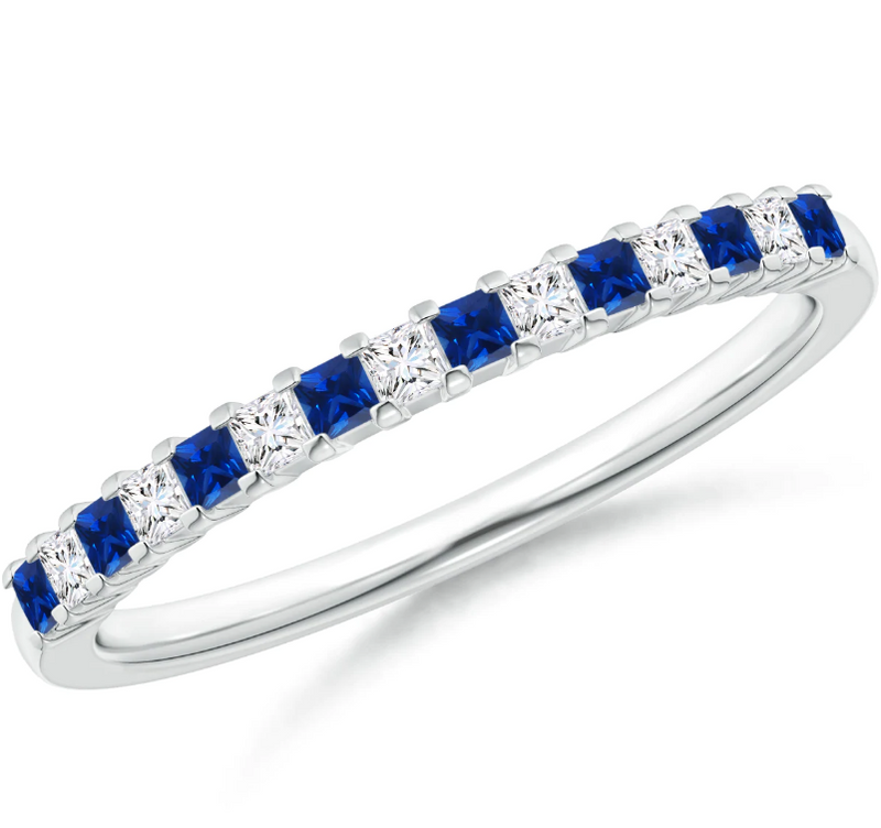 Memoire-Ring mit Saphir (synthetisch, blau) im Princess-Schliff und Zirkonia aus 14K Gelbgold