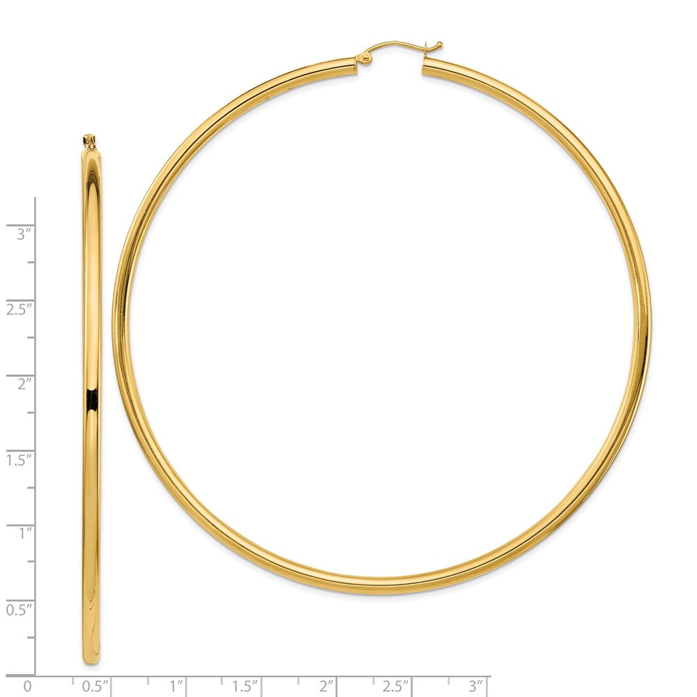 14K Gelbgold Poliert 3x90mm Leicht Rund Röhre Creolen
