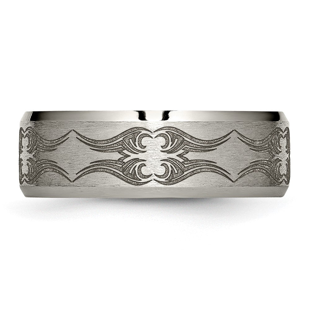 Titan Gebürstet & Poliert Lasergraviert Design 8mm Abgeschrägt Kante Ring (size 12.5 Nur)