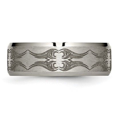Titan Gebürstet & Poliert Lasergraviert Design 8mm Abgeschrägt Kante Ring (size 12.5 Nur)