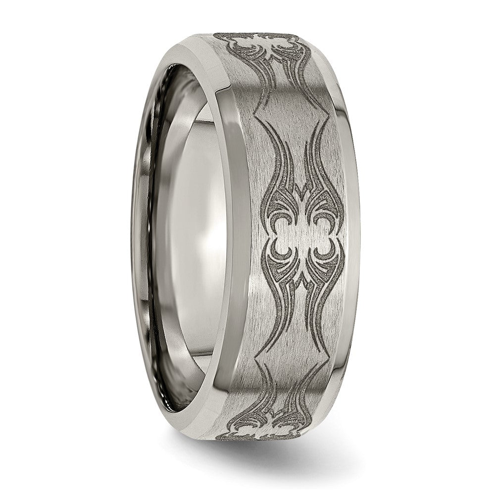 Titan Gebürstet & Poliert Lasergraviert Design 8mm Abgeschrägt Kante Ring (size 12.5 Nur)