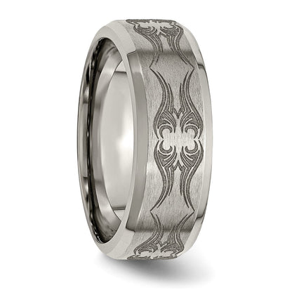 Titan Gebürstet & Poliert Lasergraviert Design 8mm Abgeschrägt Kante Ring (size 12.5 Nur)