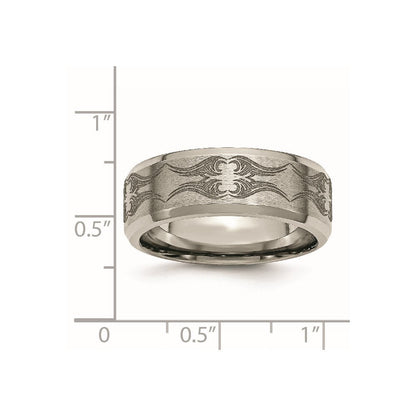 Titan Gebürstet & Poliert Lasergraviert Design 8mm Abgeschrägt Kante Ring (size 12.5 Nur)