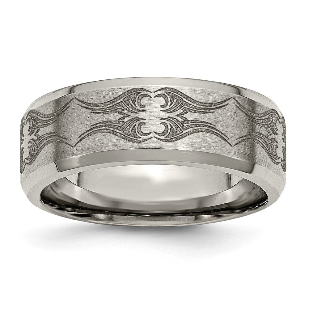 Titan Gebürstet & Poliert Lasergraviert Design 8mm Abgeschrägt Kante Ring (size 12.5 Nur)