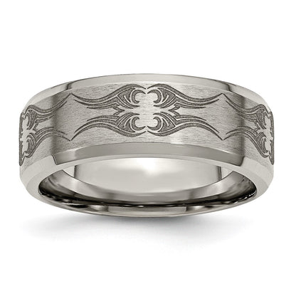 Titan Gebürstet & Poliert Lasergraviert Design 8mm Abgeschrägt Kante Ring (size 12.5 Nur)