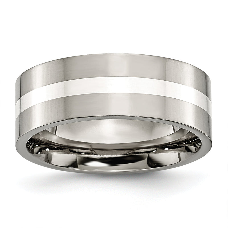 Titan/silver Bicolor Titan Poliert Sterlingsilber Einlage 8mm Flach Ring